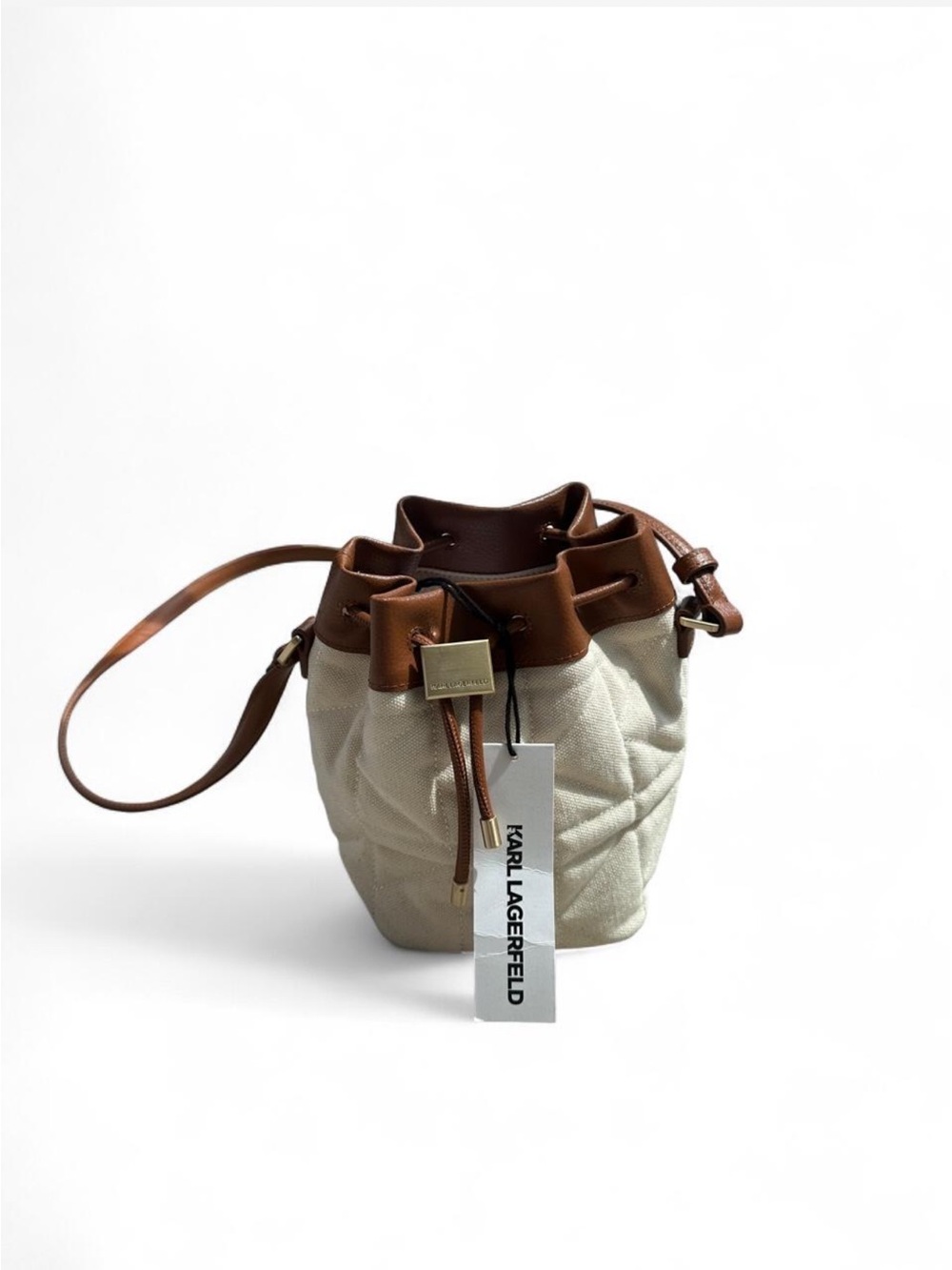 Karl Lagerfeld Cream & Brown Quilted Drawstring Bucket Bag